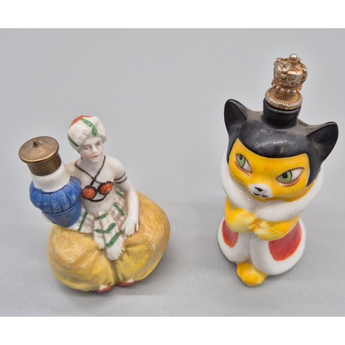 102 - Two Vintage Porcelain perfume bottles; Cat shaped perfume bottle with crown stopper and Middle east ... 