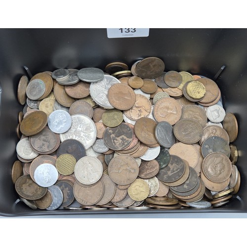 133 - A Tub of mixed world coins; Crowns, 1853 Dix Centimes, 1860 copper coin, 1859 Lodge Caledonian No. 3... 