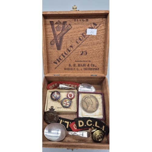 136 - Tub of mixed costume jewellery; Victory Corona Cigar box, Coronation medallion, Various patches and ... 