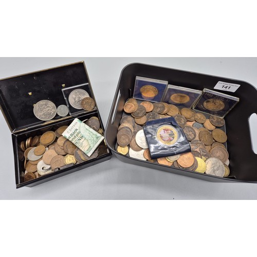 141 - Tub of mixed world coins; 1951 crown, 1791 George III Tokens, Solid Bronze coins, Boxed crown and ma... 