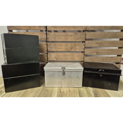 207 - A Selection of vintage metal storage boxes, Aluminium two handle storage box and one other