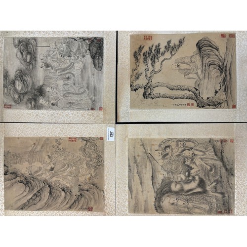 267 - A Lot of eight antique Japanese silk prints depicting various god like figures and animals. [35x28cm... 