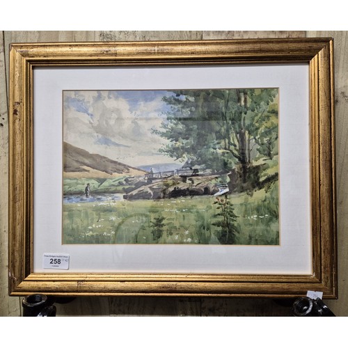 258 - Alec Coutts Fraser [Scottish fl. 1886-1939]
Original watercolour River and Bridge Landscape. [Frame-... 