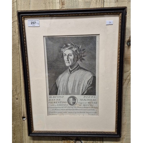 257 - Dante Alighieri 
Original 1751 engraving by Francesco Allegrini after drawing by Giuseppe Zocchi [fr... 