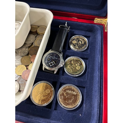 63 - Coin box containing four royalty gilt metal coins, Small tub of silver coins- George V & VI Pre 1940... 