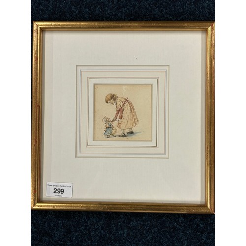 299 - Antique watercolour depicting young girl and Judy [from Punch] Fitted within a contemporary gilt fra... 