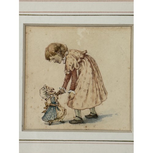 299 - Antique watercolour depicting young girl and Judy [from Punch] Fitted within a contemporary gilt fra... 