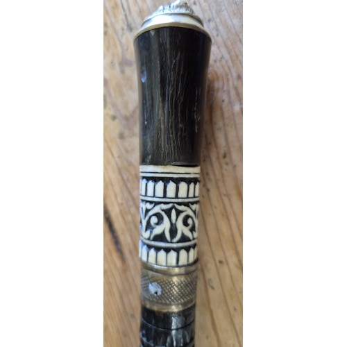 155A - Antique Horn and bone handle gentleman's hidden sword walking cane with lion head finial. [84cm leng... 