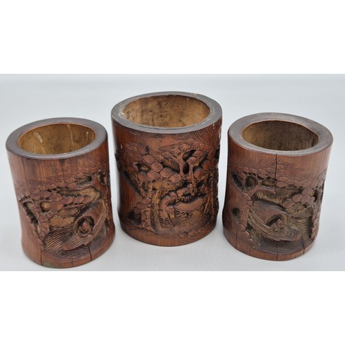 180A - Three antique Chinese bamboo and carved ink pots.