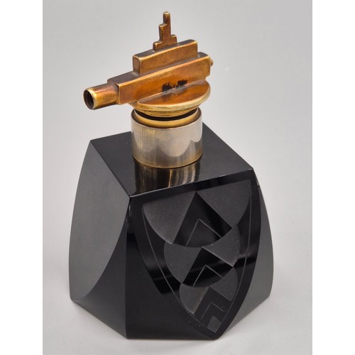 185A - Art Deco Black glass and carved perfume atomiser. Bronze patina metal top. [14.5cm high]