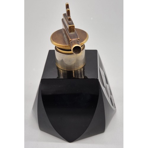 185A - Art Deco Black glass and carved perfume atomiser. Bronze patina metal top. [14.5cm high]