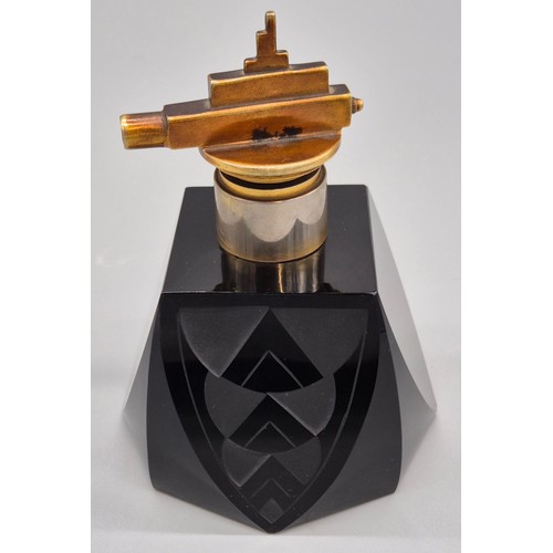 185A - Art Deco Black glass and carved perfume atomiser. Bronze patina metal top. [14.5cm high]