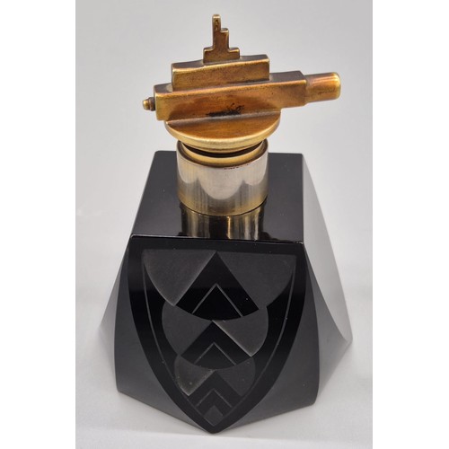 185A - Art Deco Black glass and carved perfume atomiser. Bronze patina metal top. [14.5cm high]