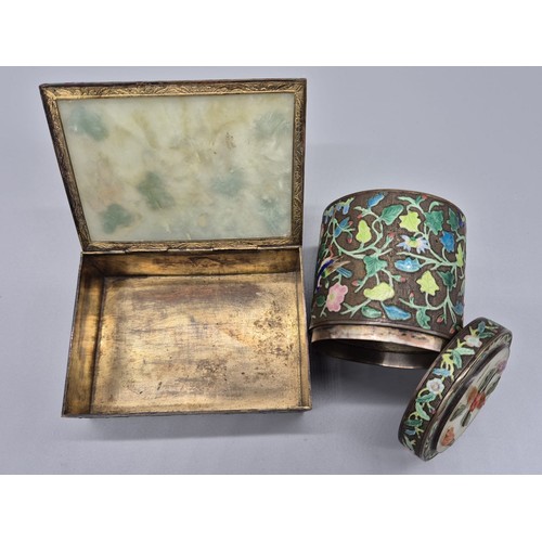 190A - Two early 20th century Chinese metal and enamel worked boxes; Fitted with Jade and hardstone lids.