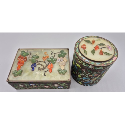 190A - Two early 20th century Chinese metal and enamel worked boxes; Fitted with Jade and hardstone lids.