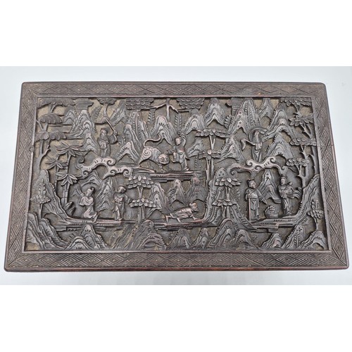 205A - Antique hand carved Chinese wooden box; detailing various carved figures, animals and background. [1... 