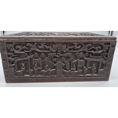 205A - Antique hand carved Chinese wooden box; detailing various carved figures, animals and background. [1... 