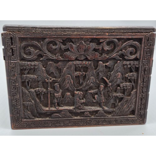 205A - Antique hand carved Chinese wooden box; detailing various carved figures, animals and background. [1... 