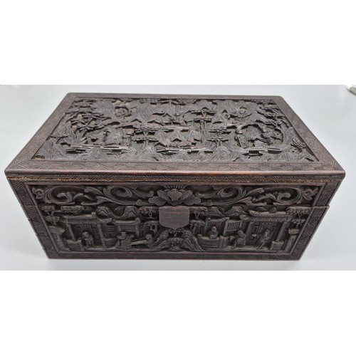 205A - Antique hand carved Chinese wooden box; detailing various carved figures, animals and background. [1... 