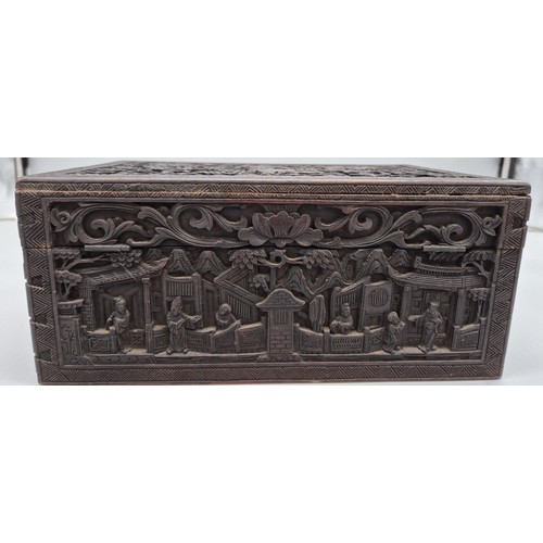 205A - Antique hand carved Chinese wooden box; detailing various carved figures, animals and background. [1... 