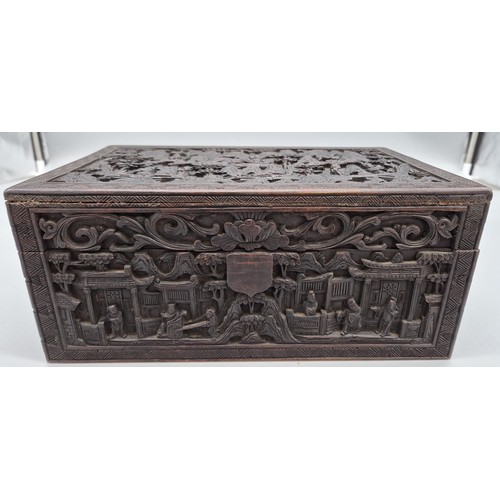 205A - Antique hand carved Chinese wooden box; detailing various carved figures, animals and background. [1... 