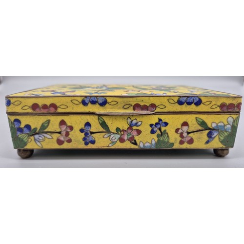 210A - Antique Chinese cloisonné lidded four section box. Yellow ground with floral and butterfly design. [... 