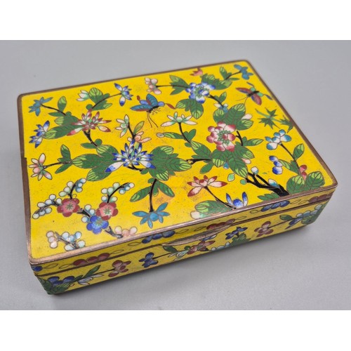 210A - Antique Chinese cloisonné lidded four section box. Yellow ground with floral and butterfly design. [... 