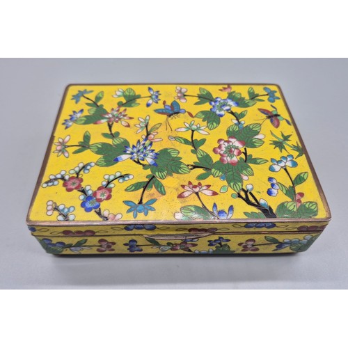 210A - Antique Chinese cloisonné lidded four section box. Yellow ground with floral and butterfly design. [... 