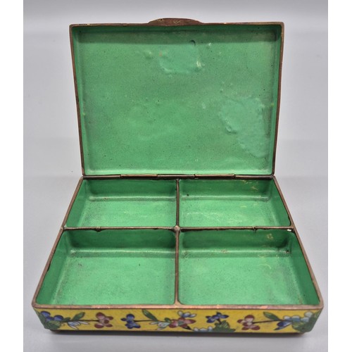 210A - Antique Chinese cloisonné lidded four section box. Yellow ground with floral and butterfly design. [... 