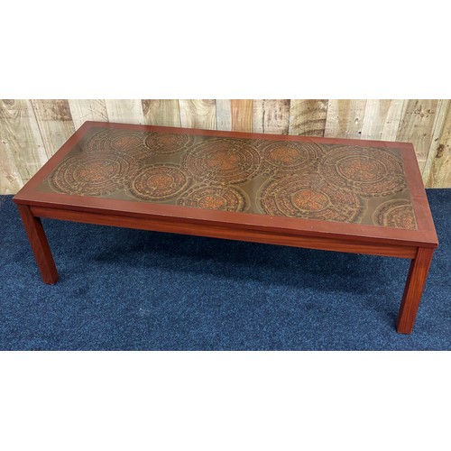 461 - 1960's Mid century Danish coffee table in teak with unusual inlaid sectioned design. [40x130x55cm]