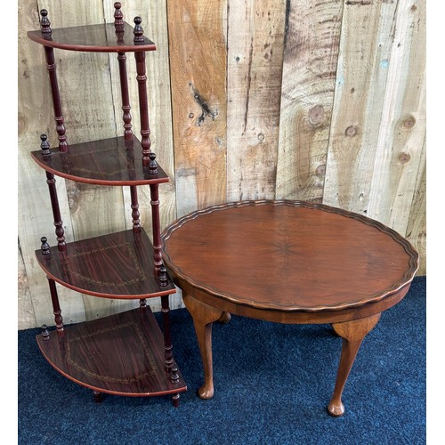 476 - Vintage oak pie crust oval side table and four tier what not unit.