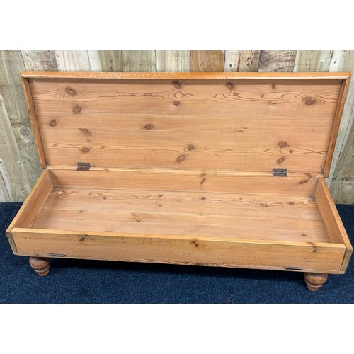 480 - Antique pitch pine rectangular shaped coffee table with lift top section. Raised on four turned legs... 