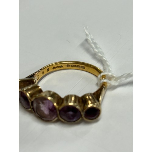 121 - 22ct yellow gold ring set with 5 round cut Amethyst gem stones. [4.85grams] [Ring size O]