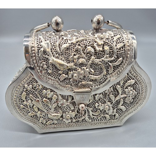 6 - Persian silver plated highly decorated and raised relief clutch bag. [Handle down- 14x18x6cm]