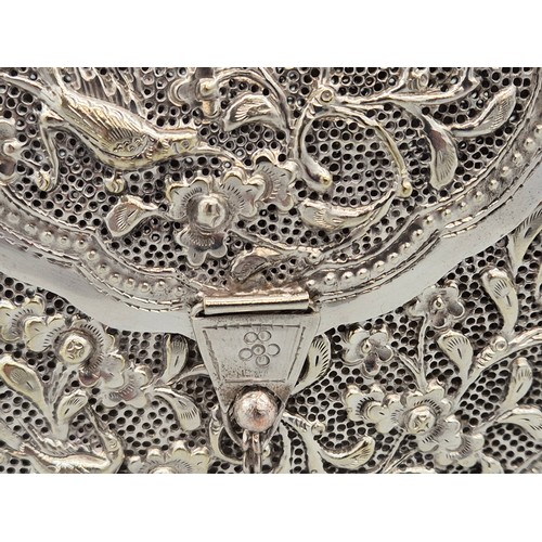 6 - Persian silver plated highly decorated and raised relief clutch bag. [Handle down- 14x18x6cm]