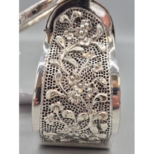 6 - Persian silver plated highly decorated and raised relief clutch bag. [Handle down- 14x18x6cm]