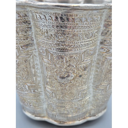 10 - Indian Silver ice bucket with tongs. Has two swing handles attached, raised relief work and scallope... 