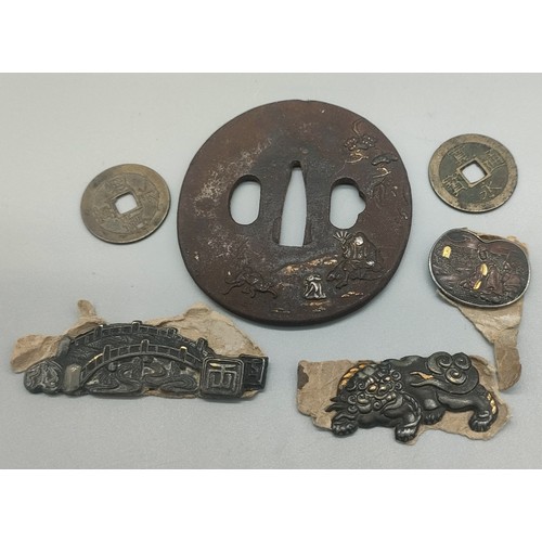 13 - Antique Japanese Edo period steel Tsuba hand guard- depicting raised relief figures and rabbit figur... 