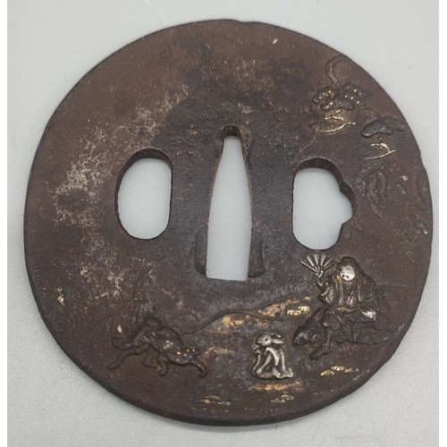 13 - Antique Japanese Edo period steel Tsuba hand guard- depicting raised relief figures and rabbit figur... 