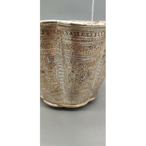 10 - Indian Silver ice bucket with tongs. Has two swing handles attached, raised relief work and scallope... 