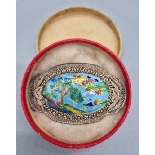 1 - Vintage Chinese silver and enamel brooch with a silk Chinese box. [4x6.5cm]