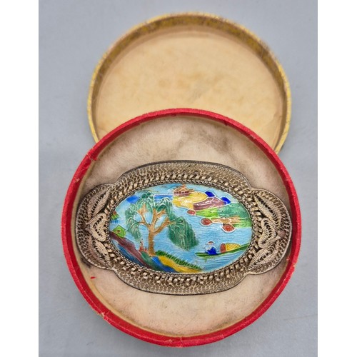 1 - Vintage Chinese silver and enamel brooch with a silk Chinese box. [4x6.5cm]