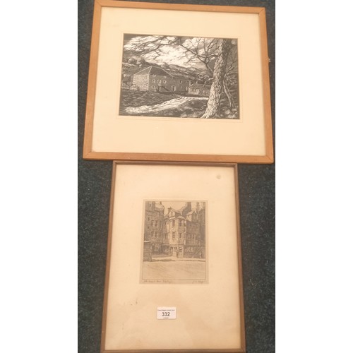 332 - Two Scottish etchings with titles 'Old  mill burnbraes Biggar & 'John Knox house Edinburgh' etching ... 