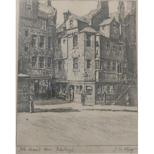 332 - Two Scottish etchings with titles 'Old  mill burnbraes Biggar & 'John Knox house Edinburgh' etching ... 