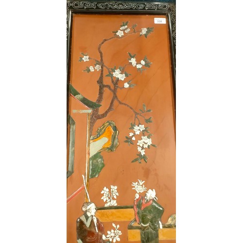 338 - A Large Antique Chinese Hardstone and mother of pearl wall panel. Black lacquered and white line pai... 