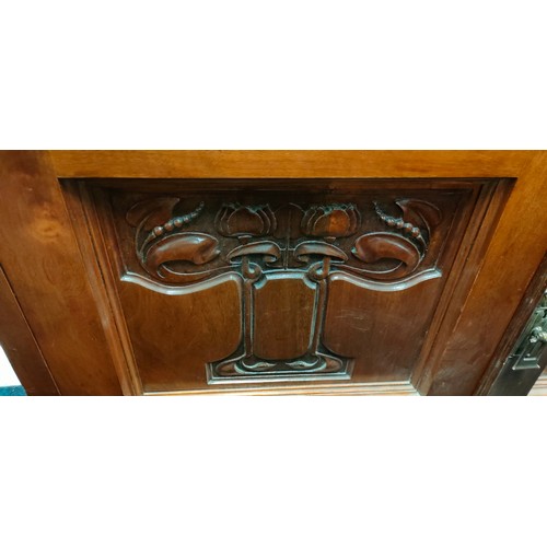 341 - Large Art Nouveau mirror back sideboard. Carved art nouveau floral inspired panels, bevel mirror bac... 