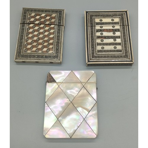 8 - Three various antique card holders; Mother of pearl design and two parquetry designs.