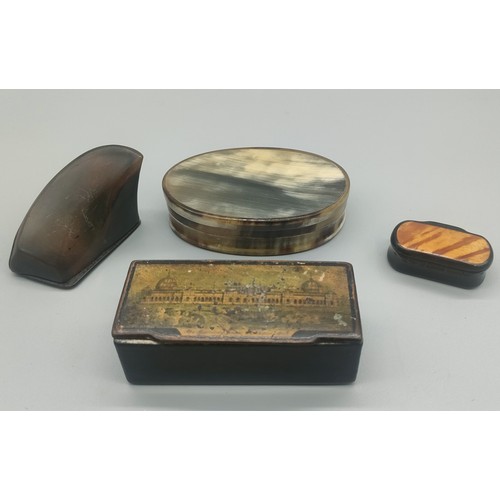 9 - Four various antique 19th century snuff boxes; Oval horn made lidded snuff box, Horn hoof snuff box ... 