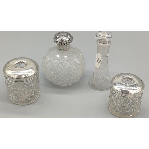 18 - Three Birmingham silver collar and one silver lidded preserve pots and perfume bottles.