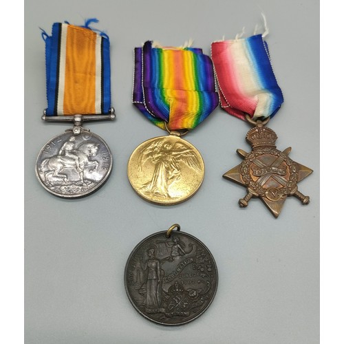 24 - Three WWI Medals and one other. Belonging to 111954 PTE. J. Duncan. R.E. and coronation medallion.